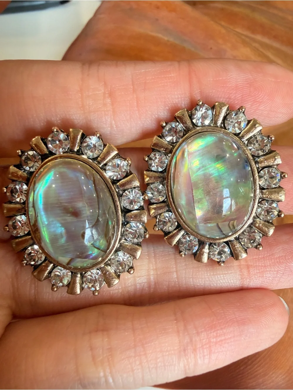 Iridescent Abalone Halo Stud Earrings with Crystal Accents